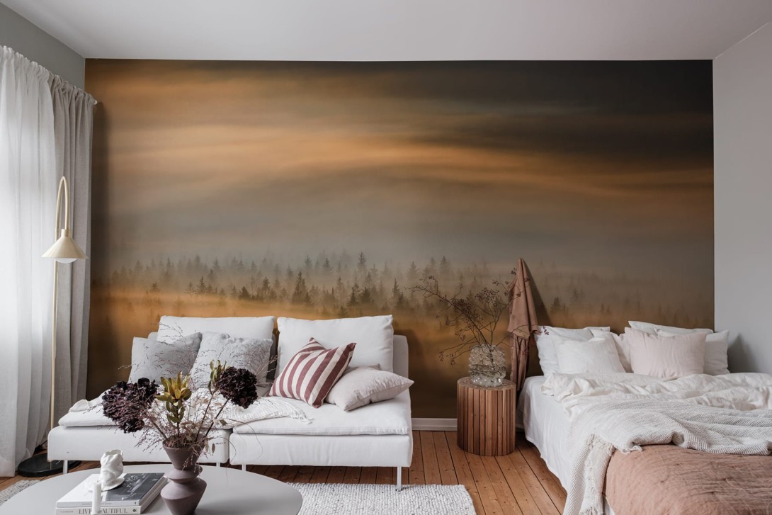 Rebel Walls R19171 Pops Golden Fir Forest - mural w leśny krajobraz we mgle