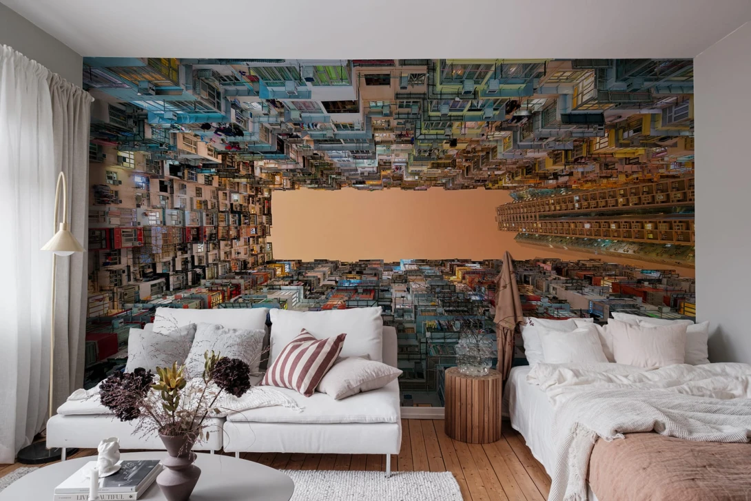 Rebel Walls R19091 Pops Upside Down - mural w miejski krajobraz uchwycony z dolnej perspektywy