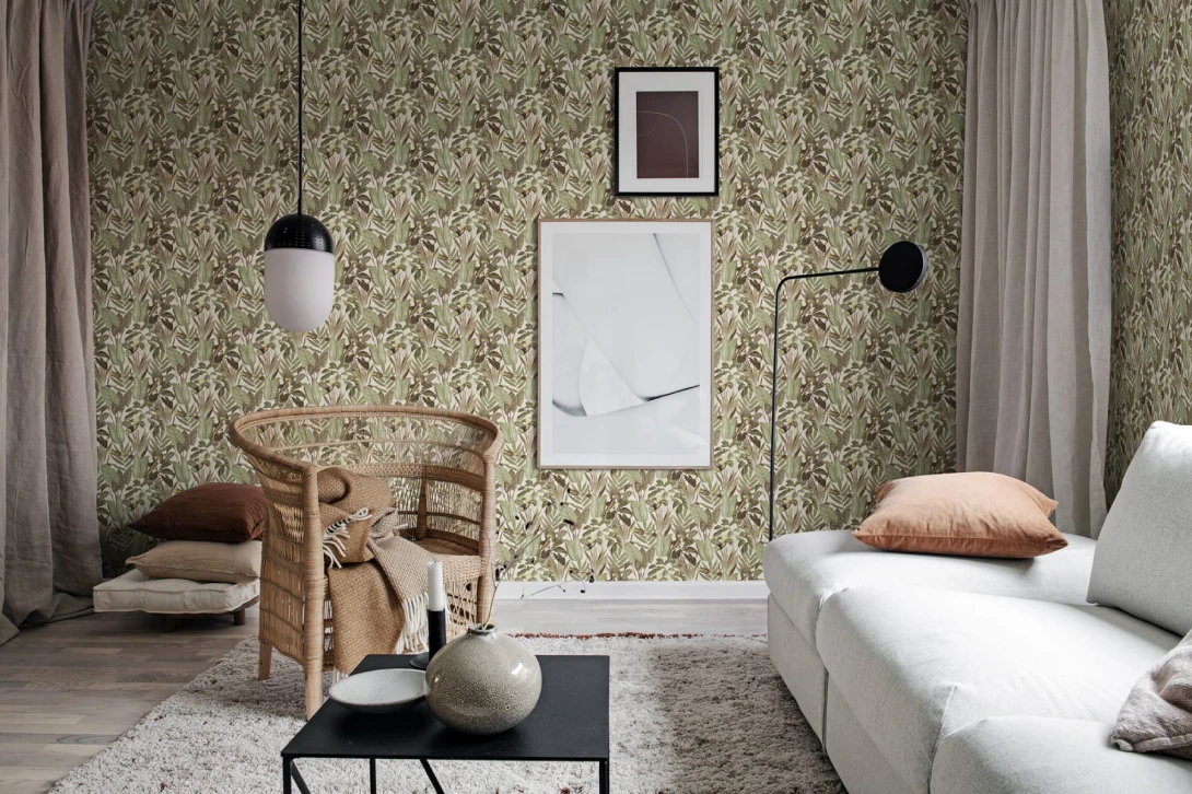 Rebel Walls R18565 Pops Birds of Paradise Bright Dawn - tapeta w liście i ptaki