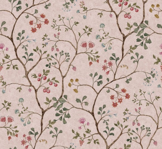 Rebel Walls R19329 Vintage Brocade Song Tree Pink Cherry - mural w kwiaty i liście