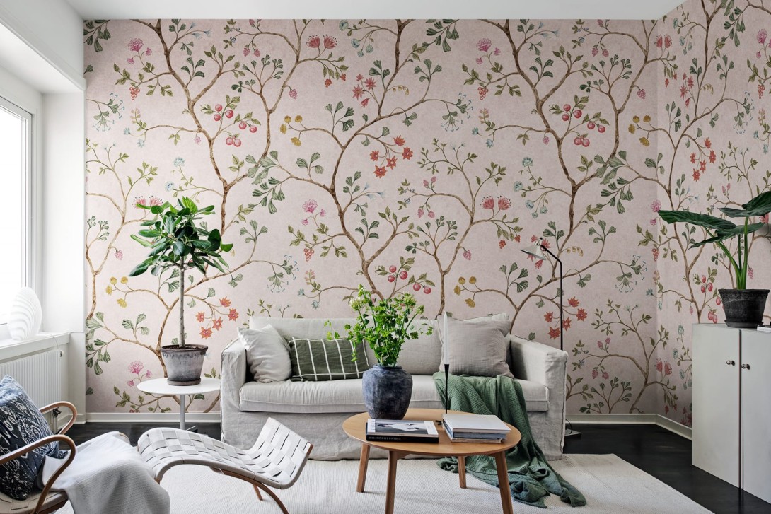 Rebel Walls R19329 Vintage Brocade Song Tree Pink Cherry - mural w kwiaty i liście