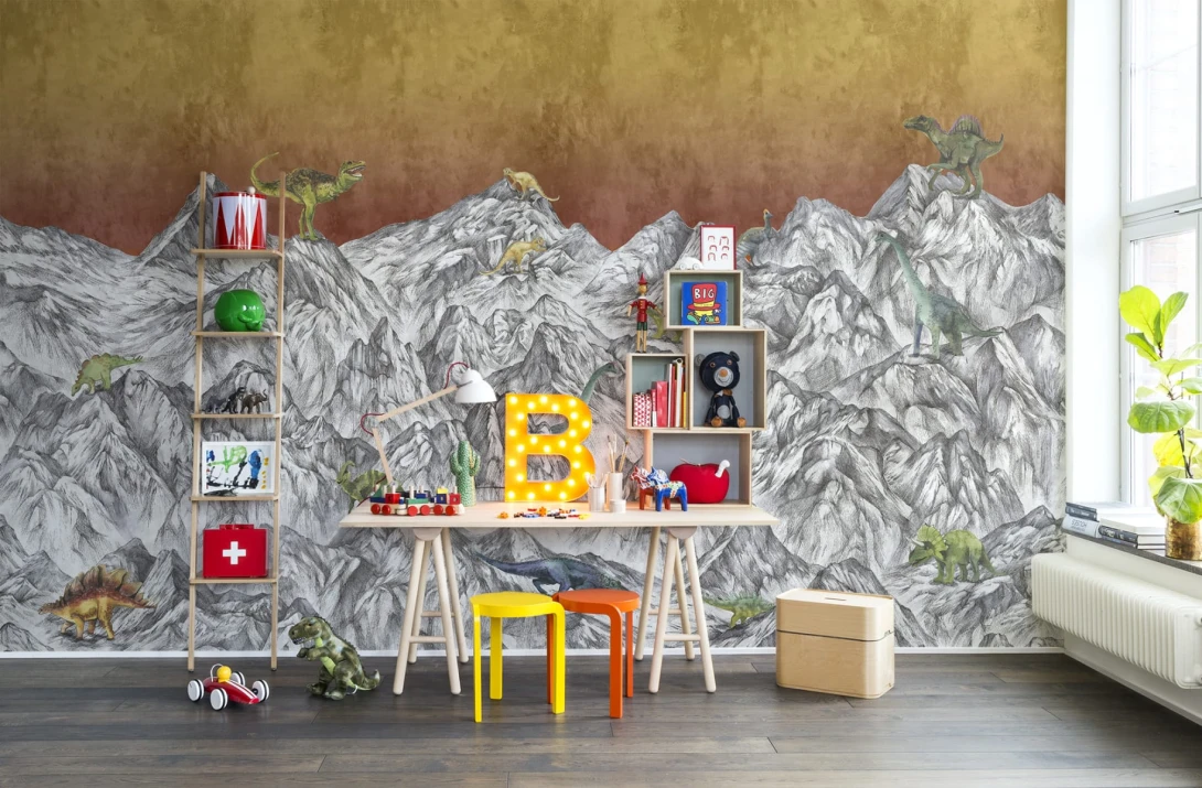 Rebel Walls R16993 Well-Being Dinosaur Mountain Volcano - mural dla dzieci w dinozaury