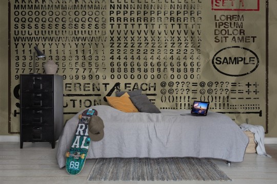 Rebel Walls R12263 Panorama Rubber Stamp Wide - mural w tłoczony alfabet w stylu vintage