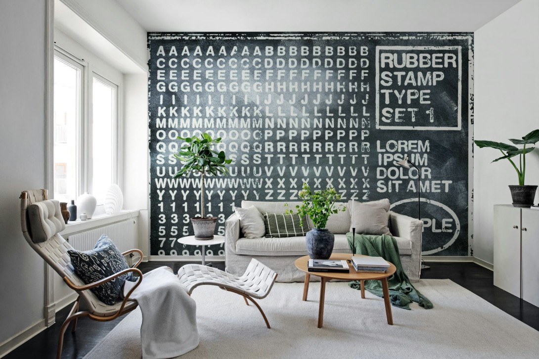 Rebel Walls R12261 Panorama Rubber Stamp Black - mural w tłoczony alfabet