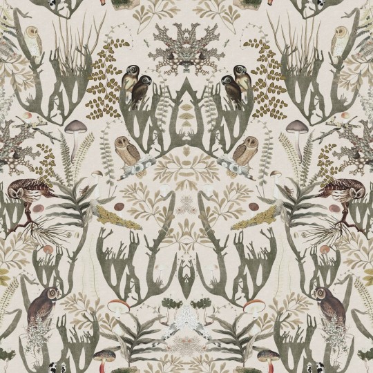 Rebel Walls R19395 Rebel Favorites The Swedish Forest Mini White - mural w stylizowany motyw roślinny i sowy