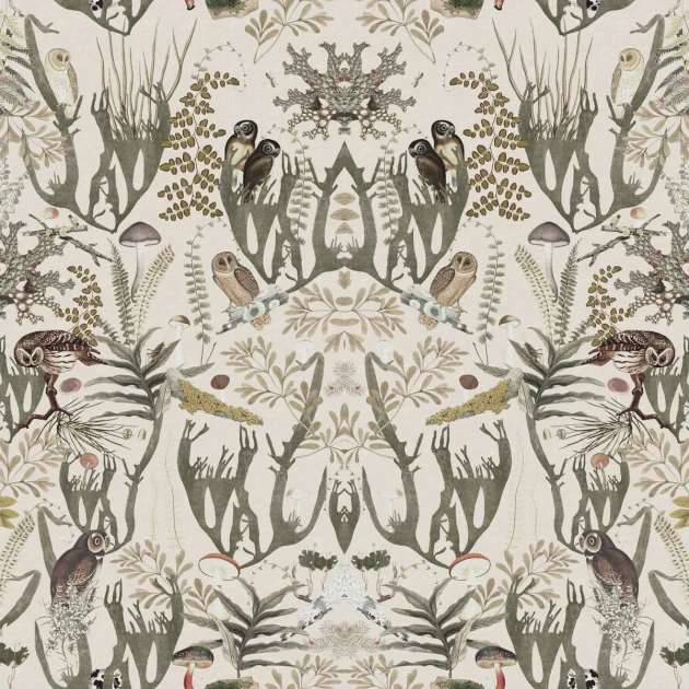 Rebel Walls R19395 Rebel Favorites The Swedish Forest Mini White - mural w stylizowany motyw roślinny i sowy
