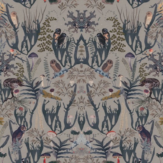 Rebel Walls R19394 Rebel Favorites The Swedish Forest Mini Blue - mural w stylizowany motyw roślinny i sowy
