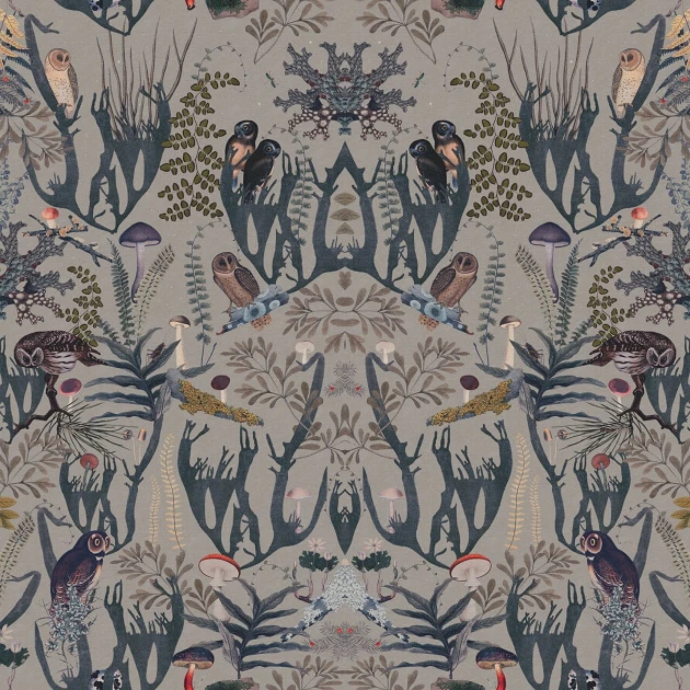 Rebel Walls R19394 Rebel Favorites The Swedish Forest Mini Blue - mural w stylizowany motyw roślinny i sowy