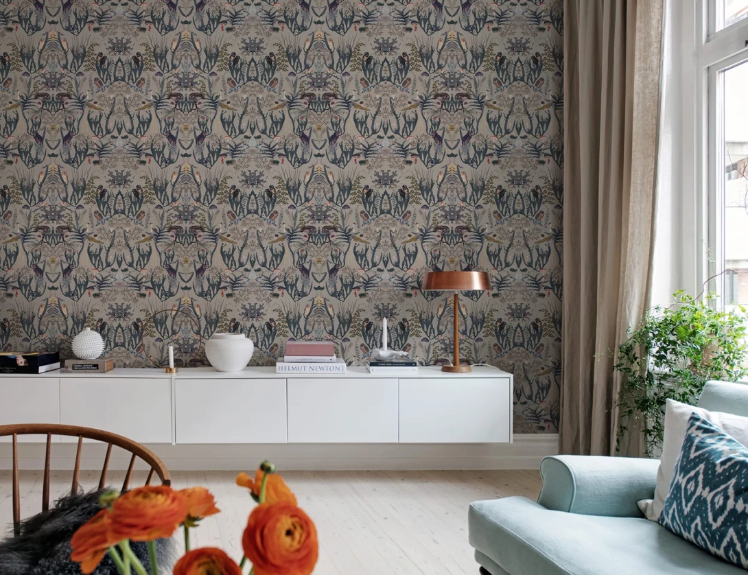 Rebel Walls R19394 Rebel Favorites The Swedish Forest Mini Blue - mural w stylizowany motyw roślinny i sowy