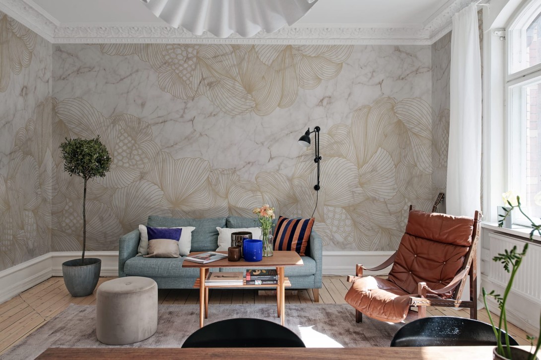 Rebel Walls R17094 Rebel Favorites Opulence Marble - mural w roślinny motyw na marmurowym tle