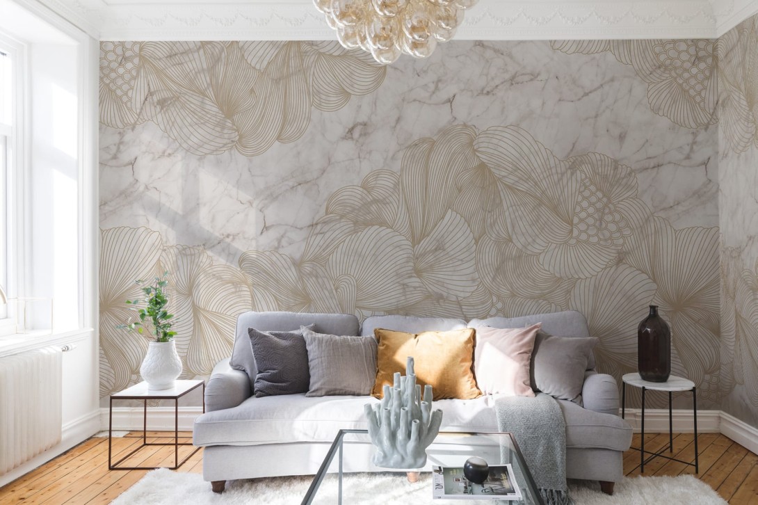 Rebel Walls R17094 Rebel Favorites Opulence Marble - mural w roślinny motyw na marmurowym tle