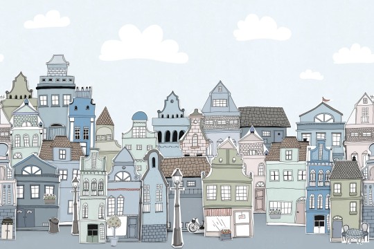 Rebel Walls R14603 Rebel Favorites London Houses Blue - mural w dzielnicę Notting Hil w bajkowym stylu