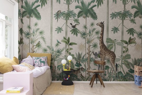 Rebel Walls R16795 Rebel Favorites Giraffe's Stroll Pastel Pink - mural w egzotyczne zwierzęta i rośliny