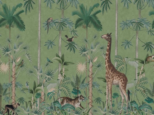 Rebel Walls R16793 Rebel Favorites Giraffe's Stroll Emerald - mural w egzotyczne zwierzęta i rośliny