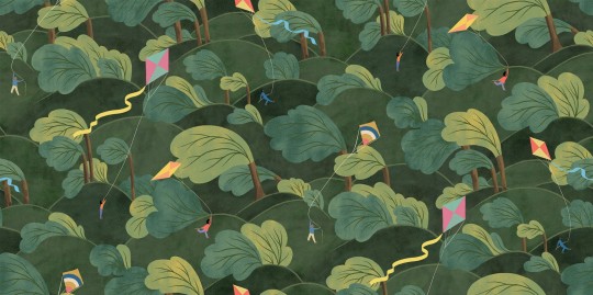 Boras Tapeter 9621W Kids Collection A Windy Day Green - mural dziecięcy z wierzchołkami drzew i ludźmi z latawcami