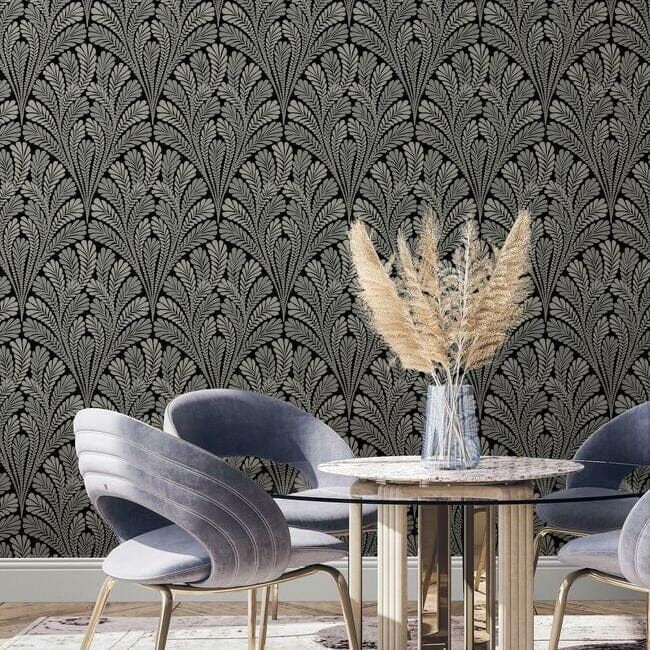 York BW3951 Damask Resource Library Shell Damask Black/Glint - tapeta w stylizowane liście