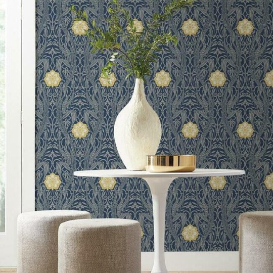 York DM4994 Damask Resource Library Gatsby Damask Navy - tapeta w stylizowane rośliny