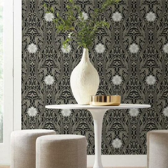 York DM4995 Damask Resource Library Gatsby Damask Black - tapeta w stylizowane rośliny
