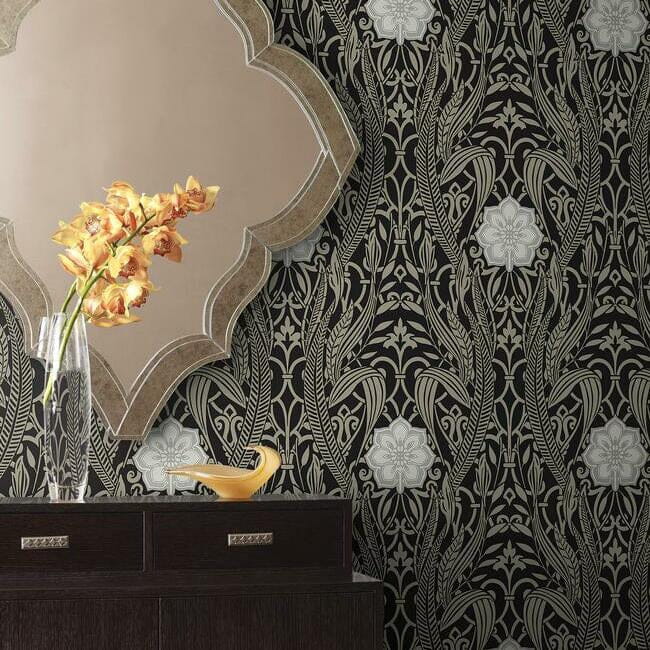 York DM4995 Damask Resource Library Gatsby Damask Black - tapeta w stylizowane rośliny
