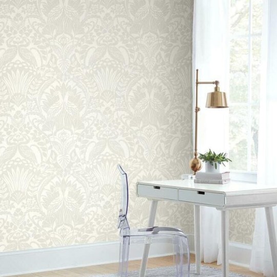 York DM4997 Damask Resource Library Egret Damask Taupe - tapeta w stylizowane rośliny i ptaki