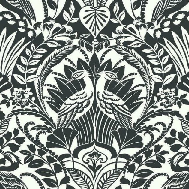 York BW3931 Damask Resource Library Egret Damask Black/White - tapeta w stylizowane rośliny i ptaki