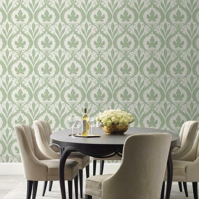 York DM4921 Damask Resource Library Adirondack Damask Green/White - tapeta w stylizowane liście klonu