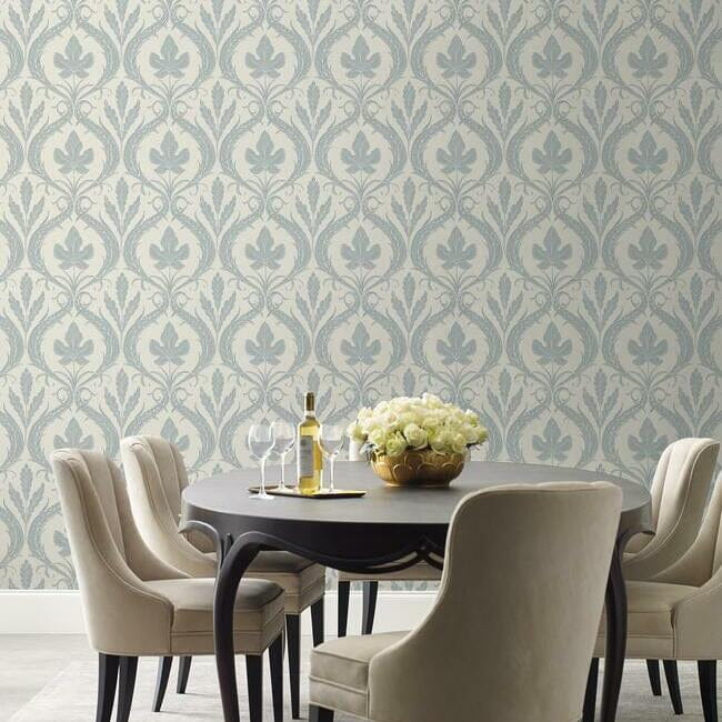 York DM4922 Damask Resource Library Adirondack Damask Smokey Blue/Beige - tapeta w stylizowane liście klonu