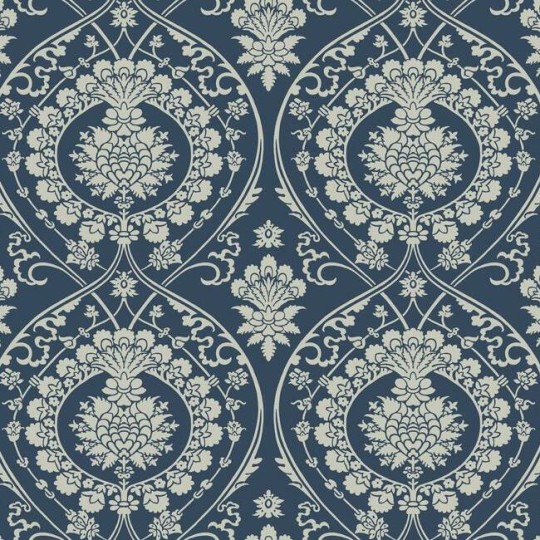York DM4901 Damask Resource Library Imperial Damask Navy/Silver - tapeta w stylizowane rośliny