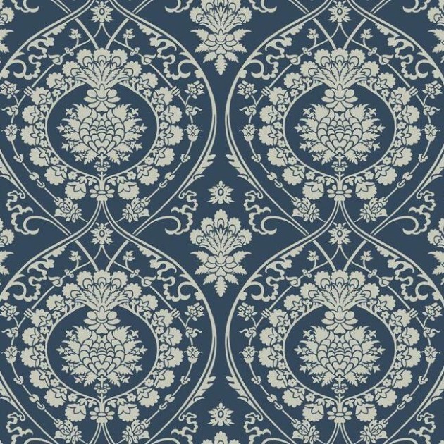 York DM4901 Damask Resource Library Imperial Damask Navy/Silver - tapeta w stylizowane rośliny