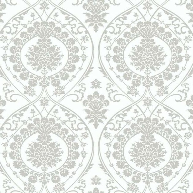 York DM4905 Damask Resource Library Imperial Damask White/Silver - tapeta w stylizowane rośliny
