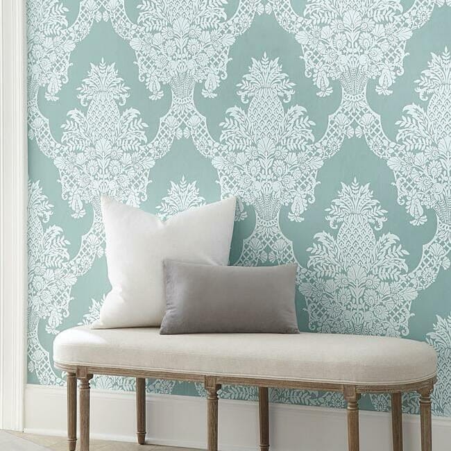 York DM4973 Damask Resource Library Pineapple Sea Blue - tapeta w stylizowane ananasy