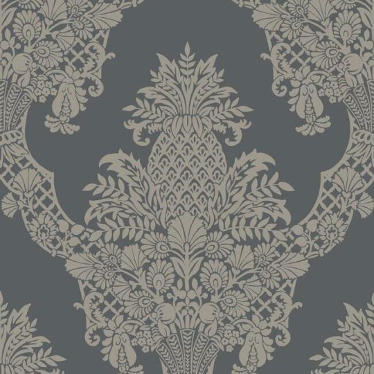 York DM4975 Damask Resource Library Pineapple Charcoal - tapeta w stylizowane ananasy