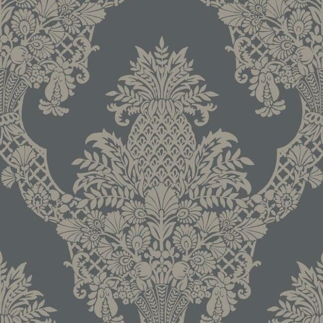 York DM4975 Damask Resource Library Pineapple Charcoal - tapeta w stylizowane ananasy