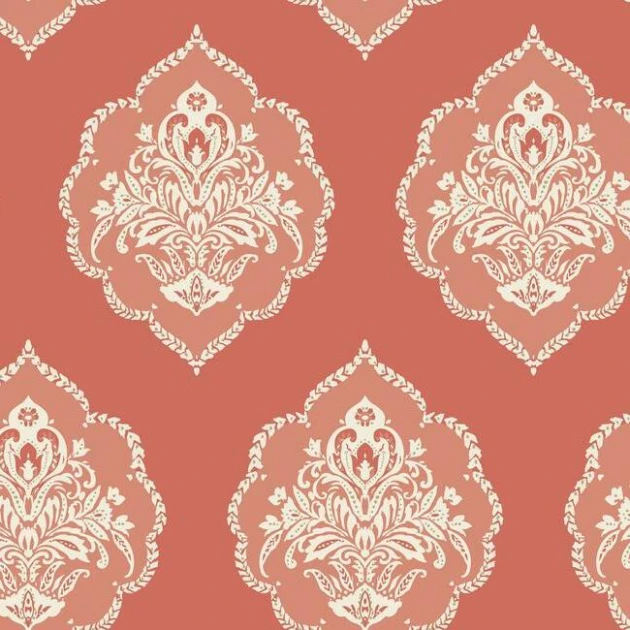 York DM4981 Damask Resource Library Tudor Signet Medallion Damask Coral - tapeta w roślinne ornamenty
