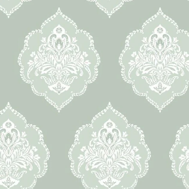 York DM4982 Damask Resource Library Tudor Signet Medallion Damask Eucalyptus - tapeta w roślinne ornamenty
