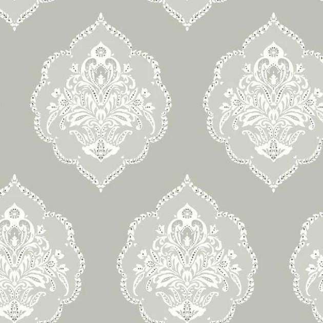 York DM4984 Damask Resource Library Tudor Signet Medallion Damask Grey - tapeta w roślinne ornamenty