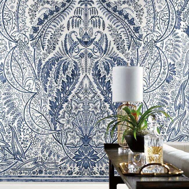 York DM4912M Damask Resource Library Jaipur Paisley Damask Indigo/White - mural w roślinne ornamenty