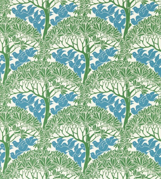 Morris & Co. 217340 Bedford Park The Savaric Garden Green - tapeta w drzewa na tle ptaków