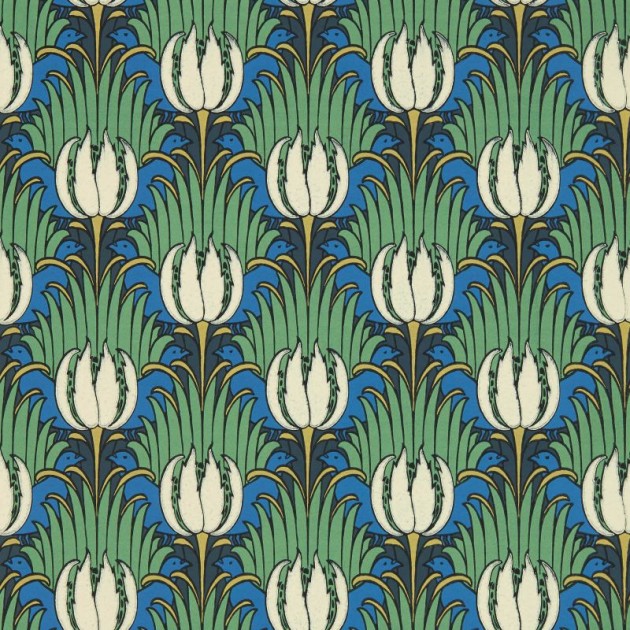 Morris & Co. 510016 Bedford Park Tulip & Bird Goblin Green & Raven - tapeta tulipany