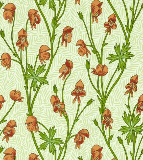 Morris & Co. 217345 Bedford Park Monkshood Tangerine Sage - tapeta w kwiatki i liście