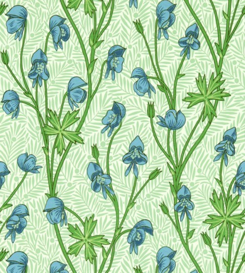 Morris & Co. 217343 Bedford Park Monkshood Cobalt Goblin Green - tapeta w kwiatki i liście
