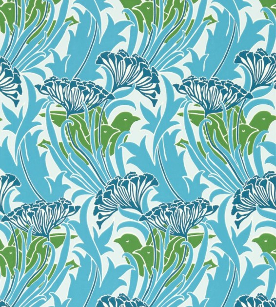 Morris & Co. 217355 Bedford Park Laceflower Garden Green Lagoon - tapeta w kwiaty i ptaki