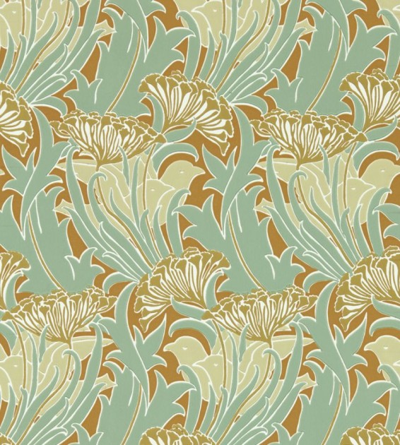 Morris & Co. 217354 Bedford Park Laceflower Tabacco Pistachio - tapeta w kwiaty i ptaki