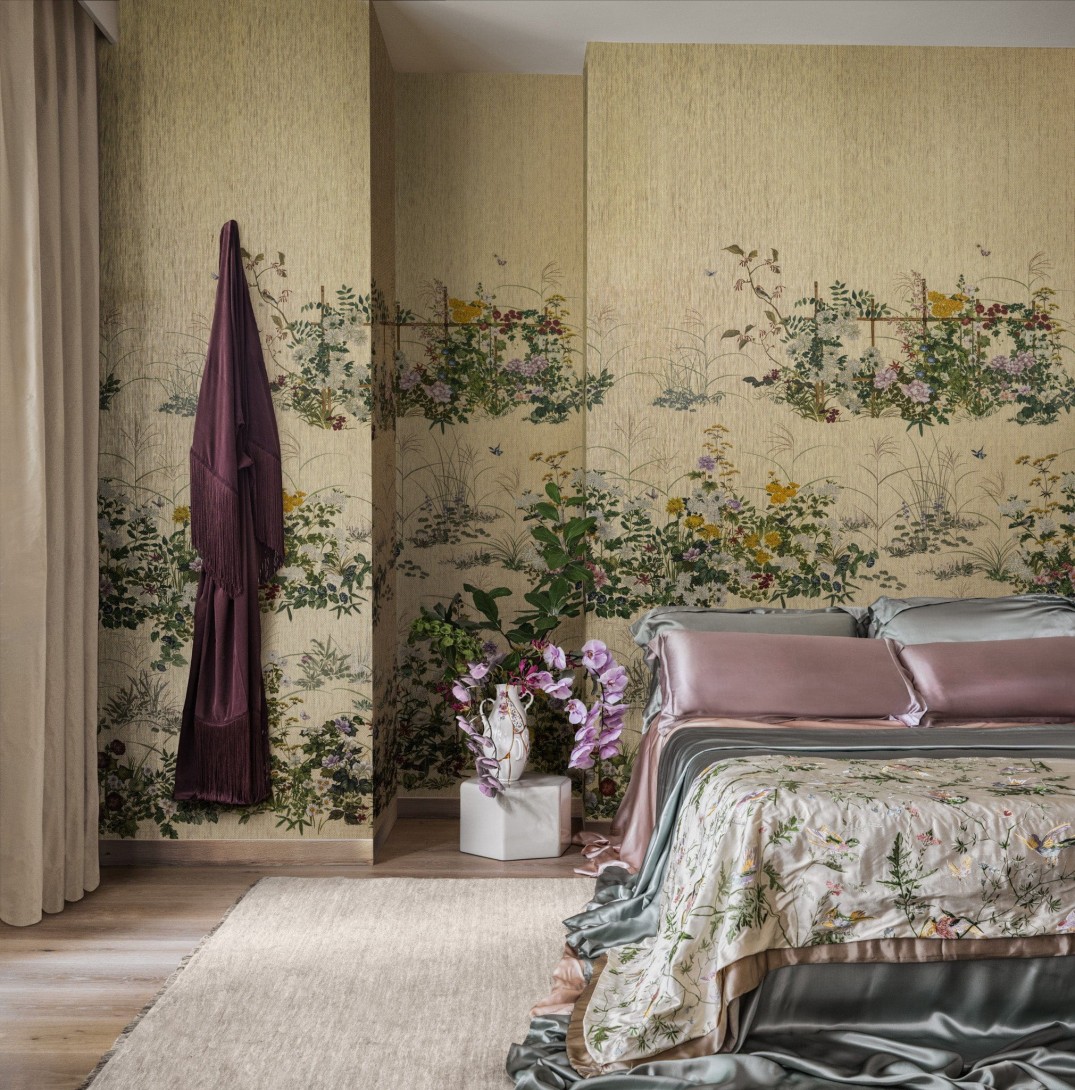 Cole&Son 126/7025 Shinrin Yoku Scenic Flora Japanese Paperweave Gold - mural japoński ogród na tkanym tle