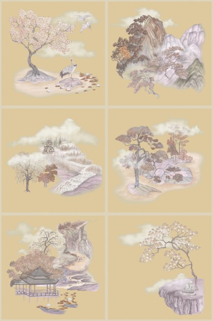 Cole&Son 126/10038 Shinrin Yoku Tile Toile Gilded Autumnal - tapeta kafelki ze scenkami w japońskim stylu