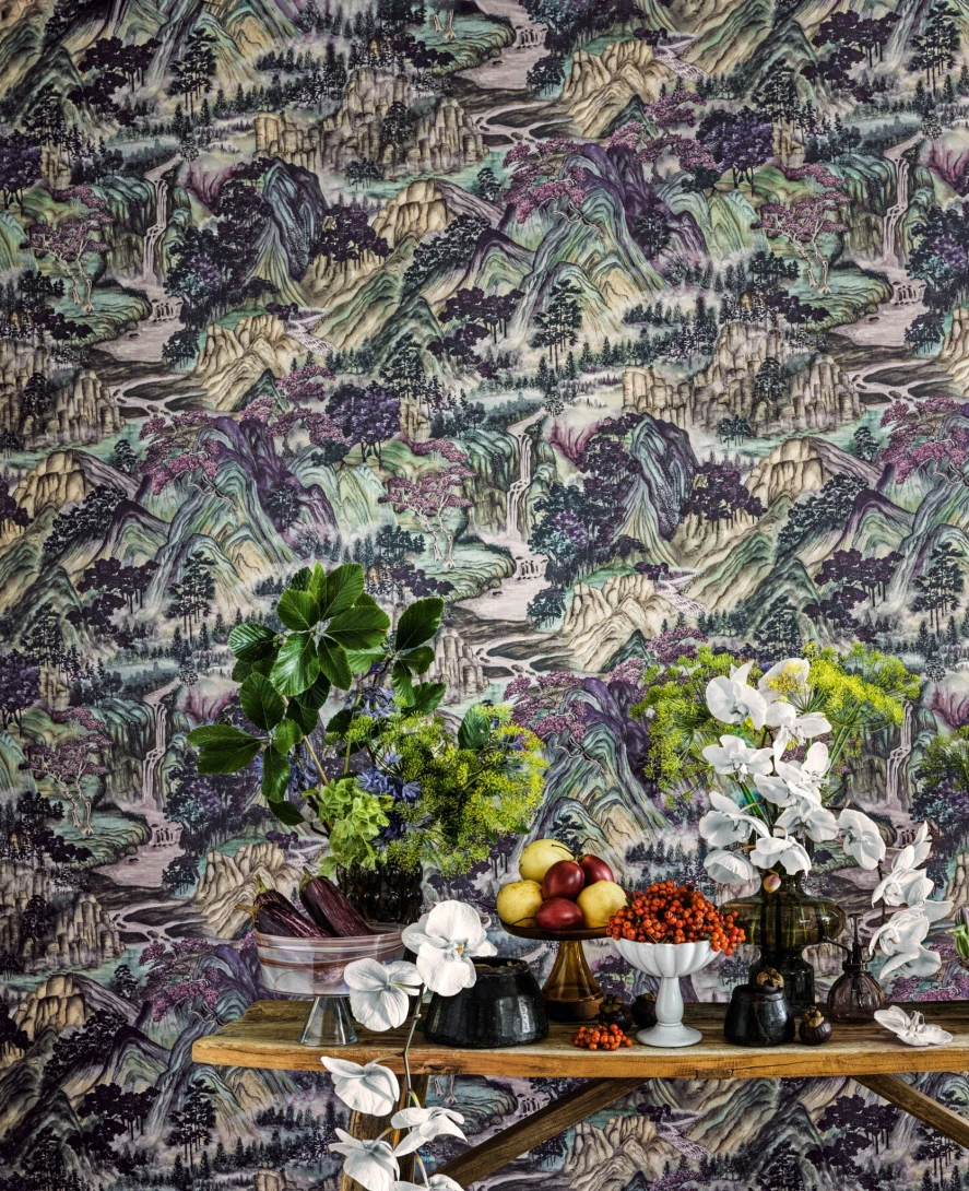 Cole&Son 126/11043 Shinrin Yoku Mountainscape Iridescent - tapeta krajobraz japońskich gór