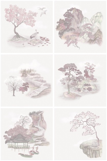 Cole&Son 126/10035 Shinrin Yoku Tile Toile Pink - tapeta kafelki ze scenkami w japońskim stylu