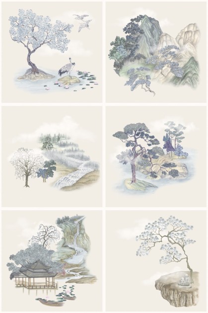 Cole&Son 126/10036 Shinrin Yoku Tile Toile Blue - tapeta kafelki ze scenkami w japońskim stylu