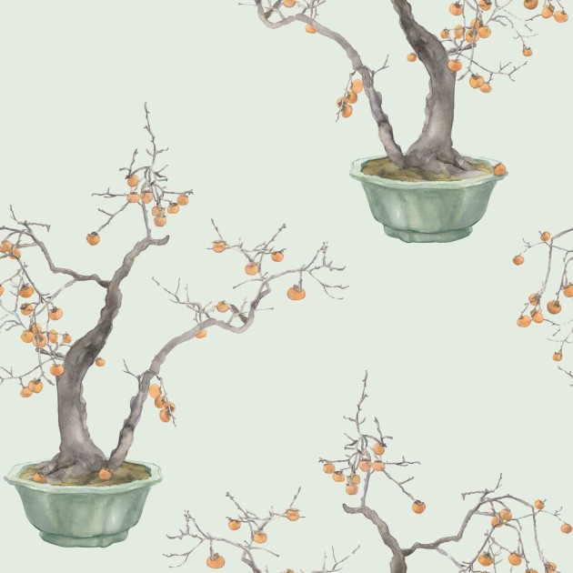 Cole&Son 126/2006 Shinrin Yoku Kaki Persimmon Jade Green & Marigold - tapeta w drzewka owocowe