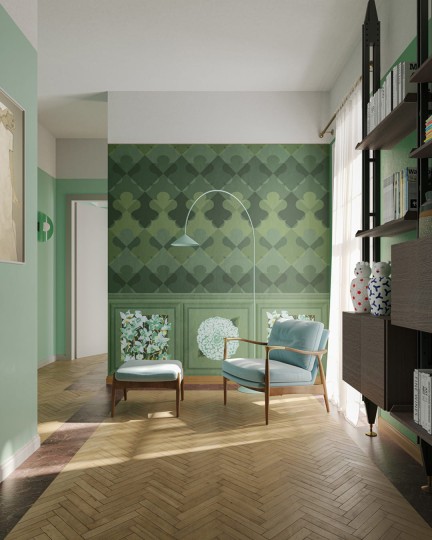 Inkiostro Bianco INKMMMA2402 Ken Scott Unconventional Vanita Bloom Zigano - mural łączący boazerię i geometrię